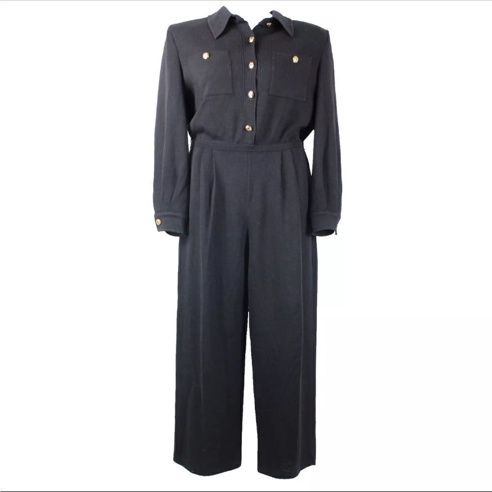 St John Collection Marie Gray black jumpsuit knit gold buttons 4